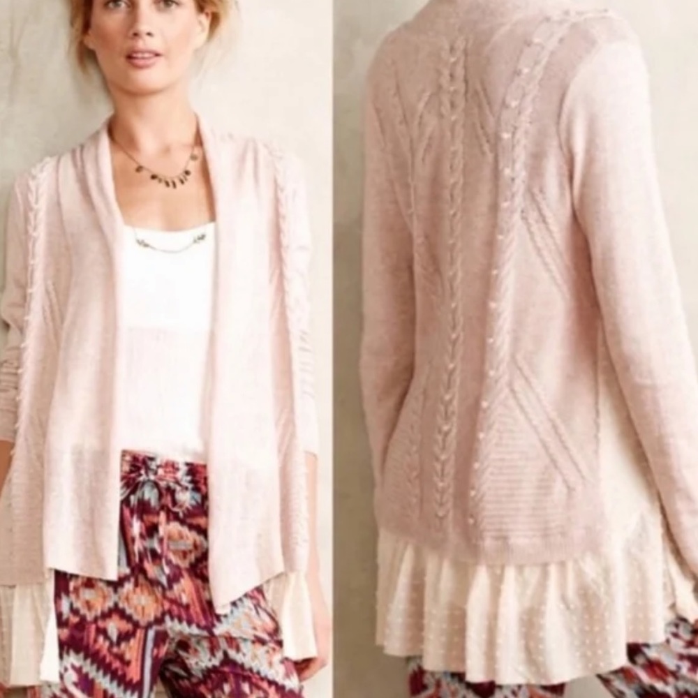 Anthropologie Cashmere Blend Light Pink Layered Cardigan Sweater Open Front XS